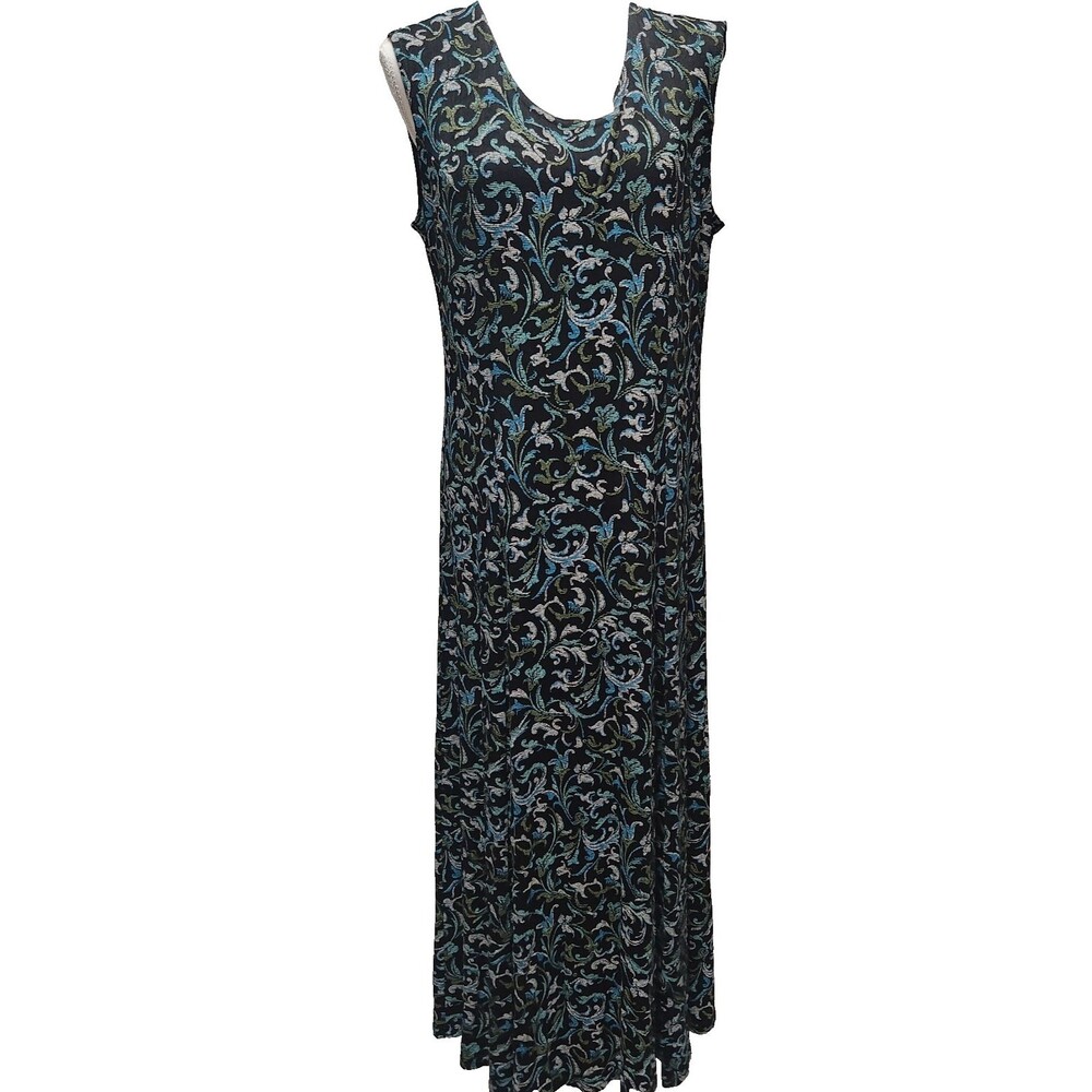Vintage Norm Thompson Floral Black Green White Slinky Maxi Dress L